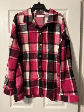 UNISHE Pink Black White Plaid Button-Up Shacket